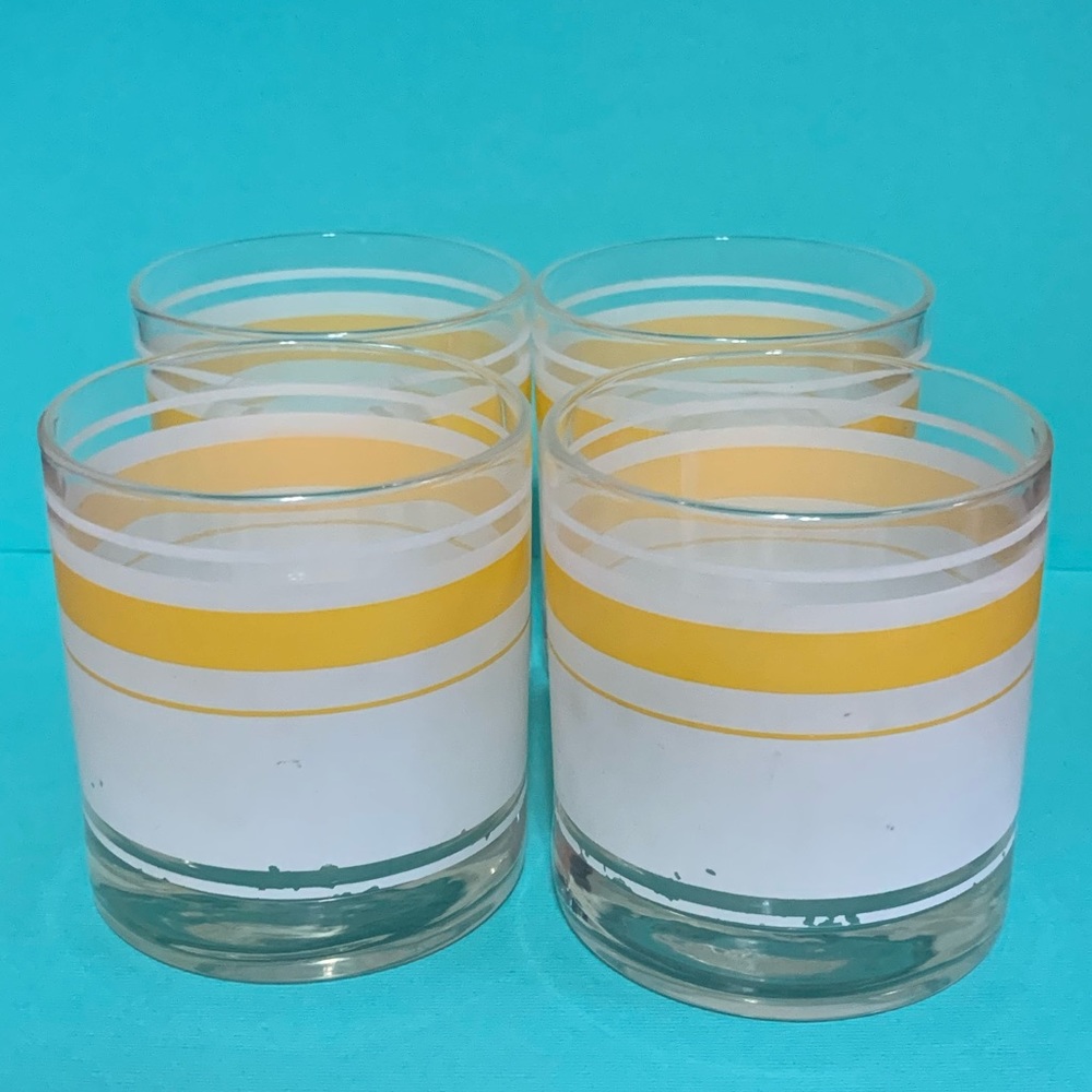 4 vintage lemon yellow & frosted lowball old fashioned glasses - Libbey? Culver?